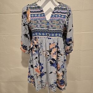 Umgee Floral Boho Baby Doll Dress V Neck Mini Balloon 3/4 Sleeves Size Small.